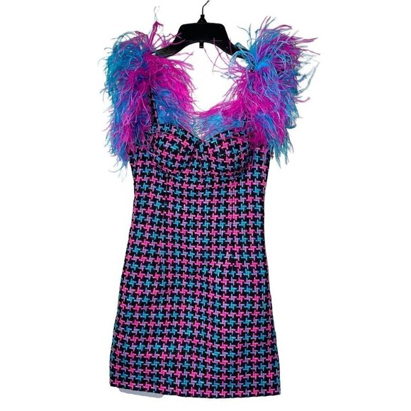 AREA Feather Strap Mini Dress in Fuchsia & Aqua 2 New womens Tweed Cocktail - Picture 5 of 17